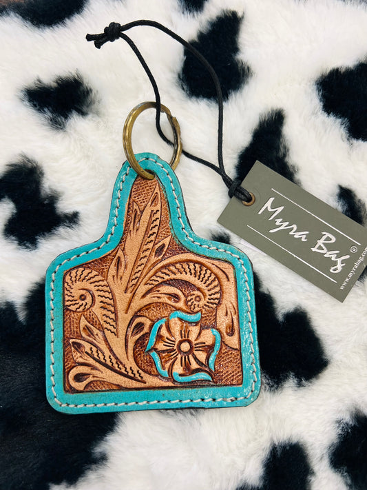 Turquoise Cow Tag - Large Key Fob